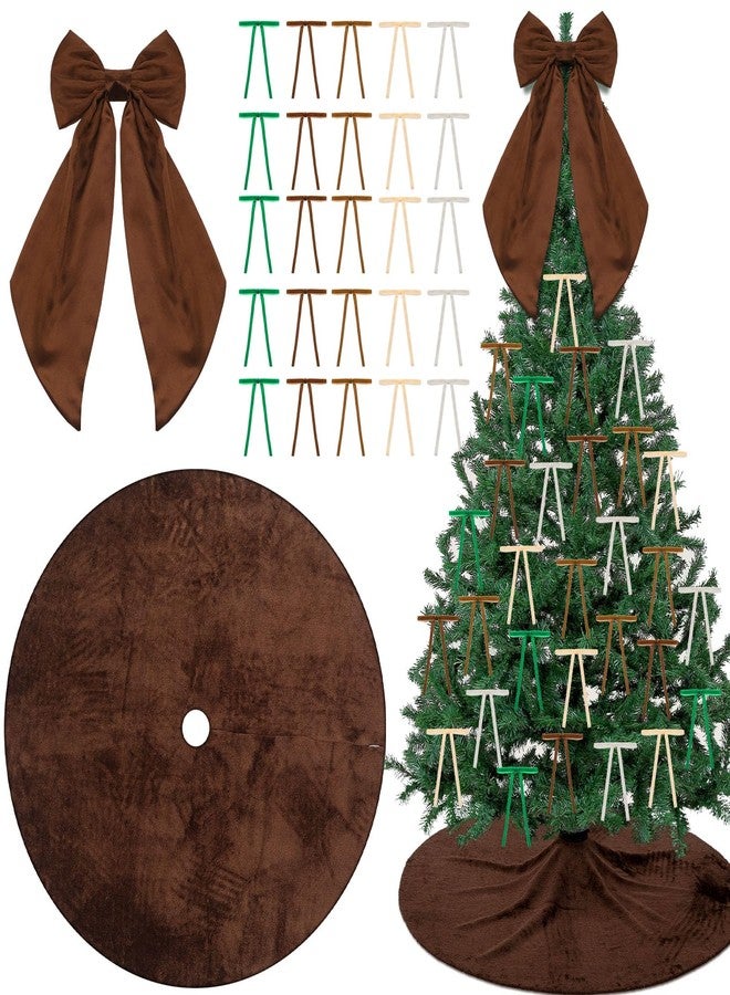 Vertintong 32 Pcs Vintage Brown Christmas Tree Decorations Brown Velvet Xmas Tree Skirt Large Topper Bow Christmas Ribbon Garland Wreath Ornament for Xmas Party Indoor Outdoor Decor - Image 1